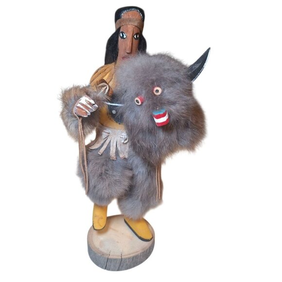 Kachina Doll Buffalo Mask RB Vintage Native Folk Art Indian Fur Wood 12 Inch - Picture 6 of 13